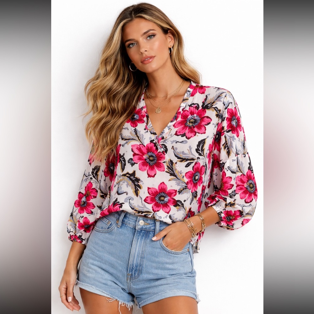 Ann Taylor Factory Floral V Neck Blouse Women's Large